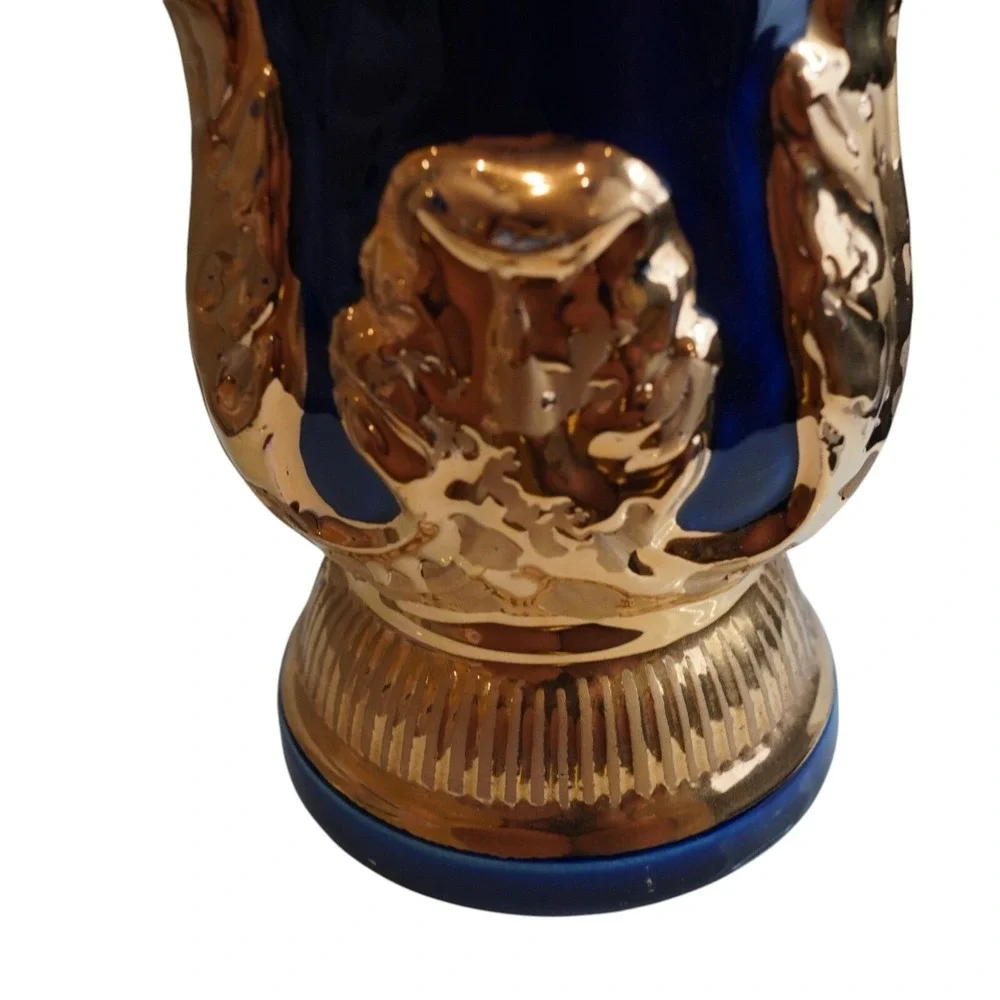 Vintage Regal China Pitcher Vase Cobalt Blue Gold Trim Handcrafted Decor 1966